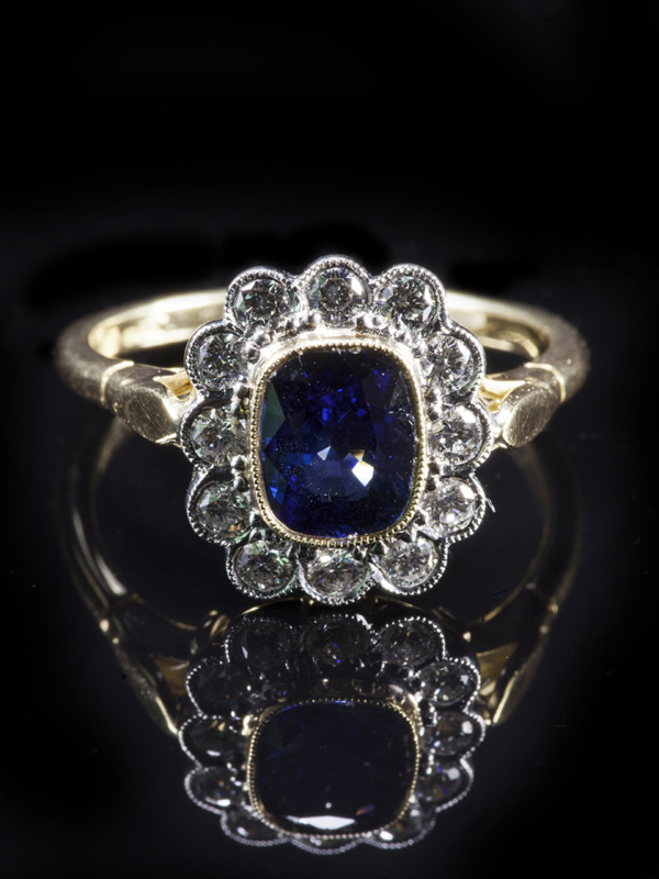 Art Deco Style 18ct Gold Cushion Cut Sapphire and Diamond Fancy Cluster ...