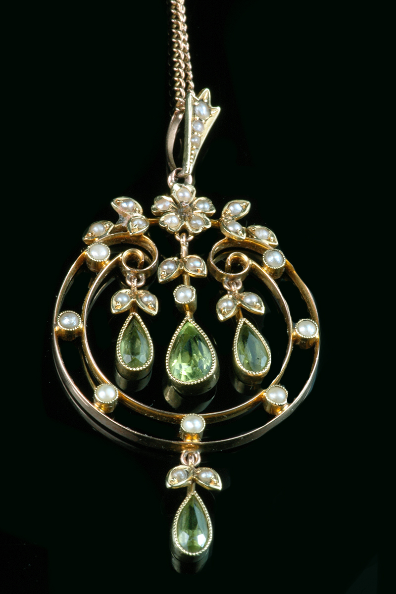 Aquamarine Peridot Antique-style Halo Necklace - 14K Yellow Gold  |JewelsForMe