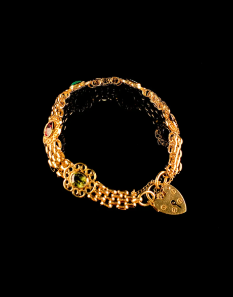 Vintage 9ct Gold Sapphire, Emerald, Opal, Garnet and Peridot Stone Set Bracelet with Heart Shaped Padlock Clasp