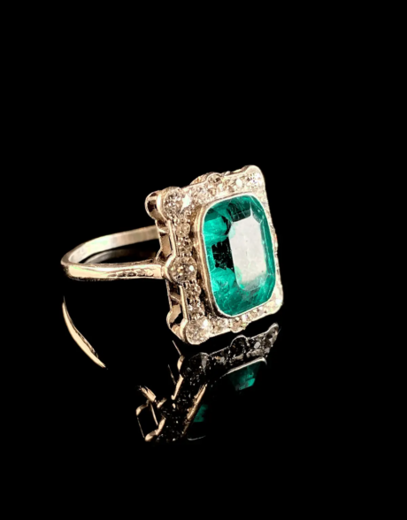 Antique Art Deco Platinum 3.10ct Emerald and Diamond Cluster Ring, Circa 1920