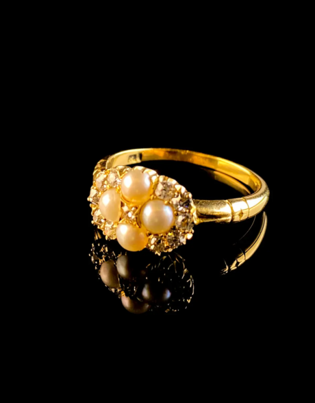 Antique Victorian 18ct Gold Diamond and Pearl Ring, Circa 1890